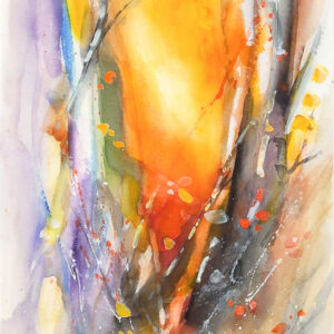 Valo ei aina tule taivaalta – joskus se kumpuaa väreistä, muodoista, hetkistä. Tässä maisemassa aurinko ei vain paista, se tanssii. Keltaisen, oranssin ja punaisen sävyt leiskuvat puunrunkojen lomasta kuin ilon purkaus